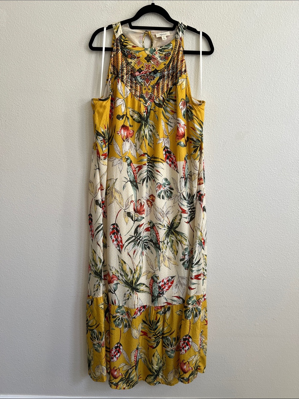 STYLE & CO. Maxi Halter Sundress Yellow/Multi Mixed Floral/Bird Paradise  XL